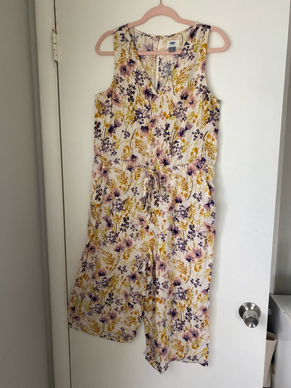 Old Navy Cream Floral Sleeveless Tie-Waist Jumpsuit with Yellow & Purple Accents